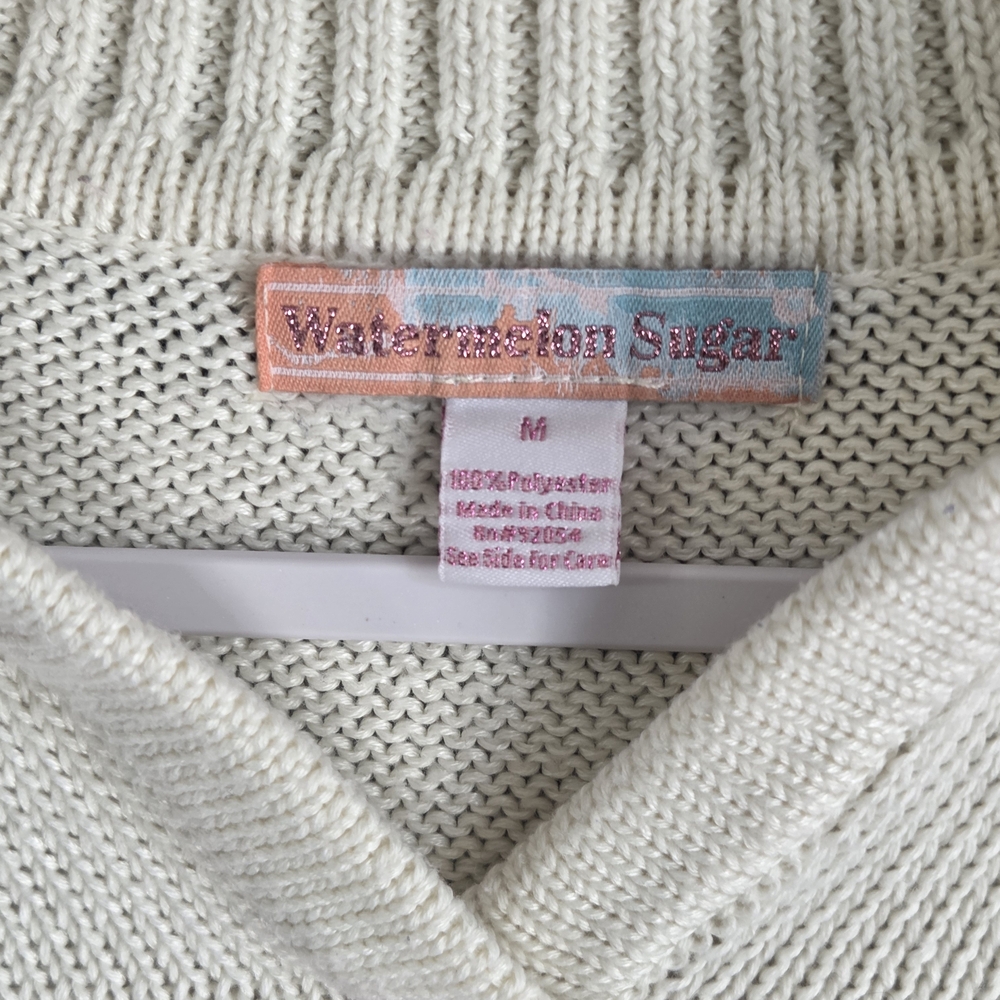 Women's Oversized Cropped Cream and Red Med Size Striped V-Neck Sweater - Picture 8 of 8